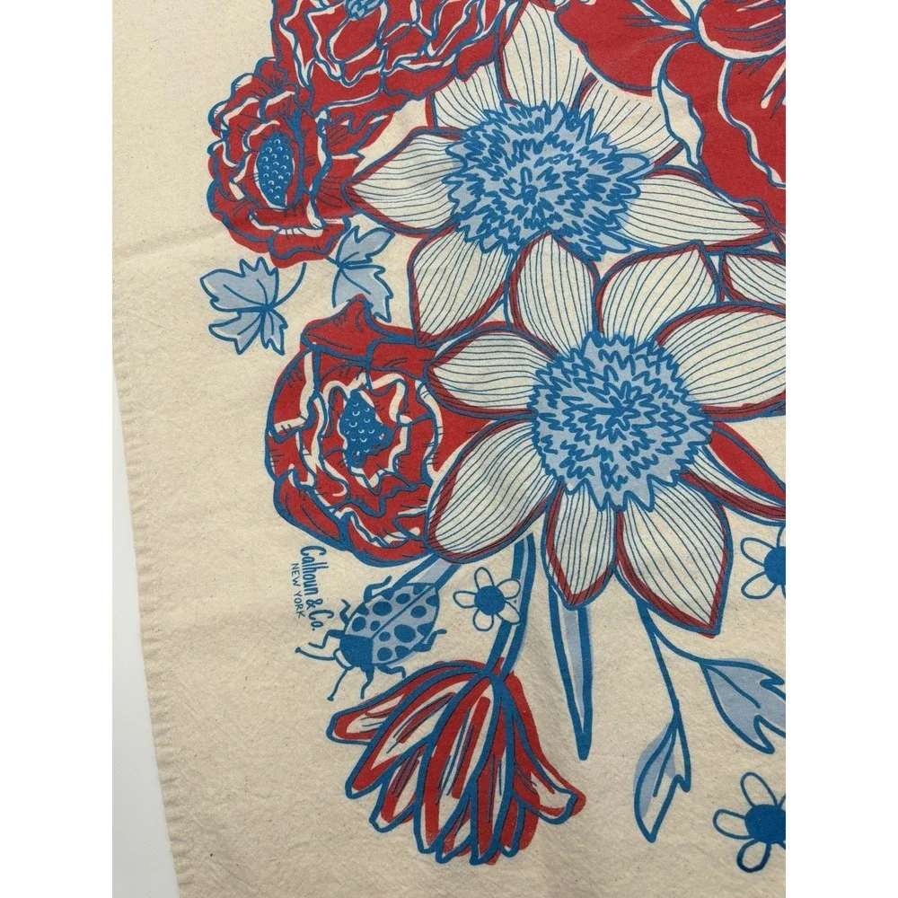 Calhoun & Co Floral Tea Towel Red Blue Butterfly Anthropologie Cottagecore 27x26